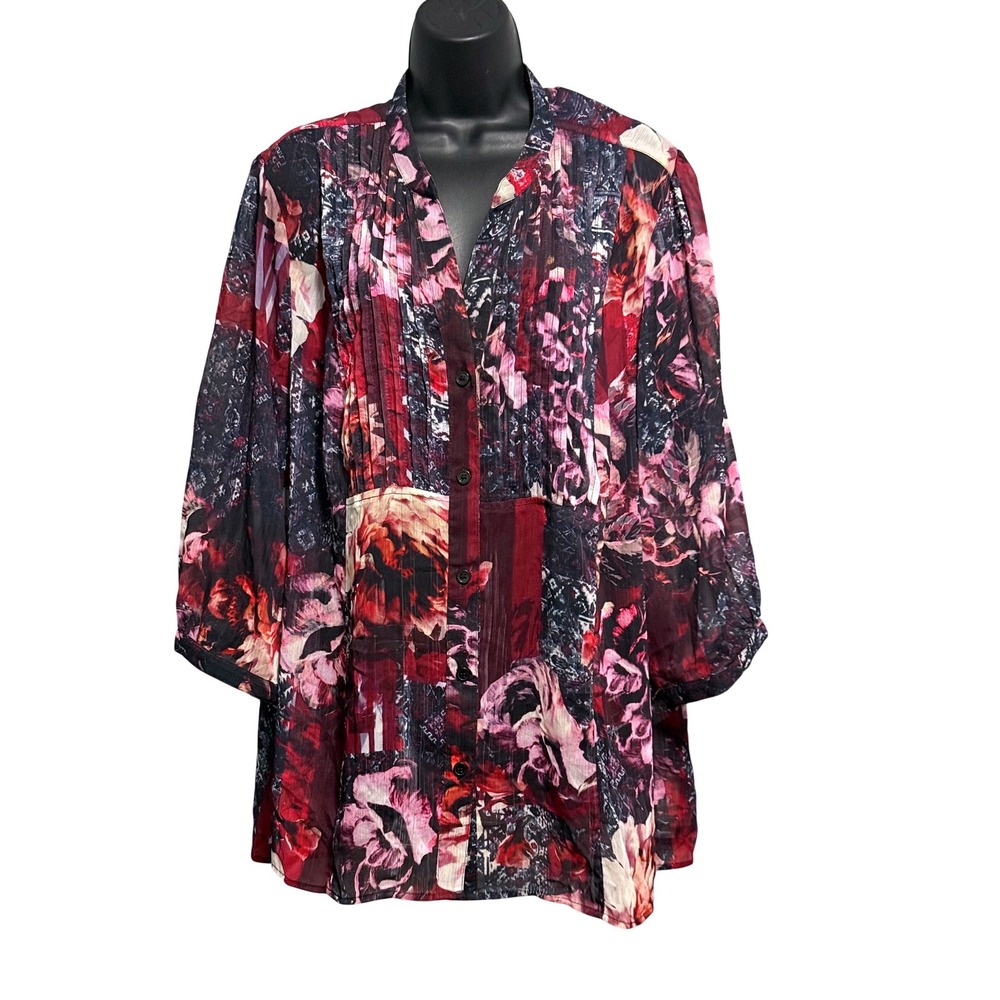 CJ Banks Womens 3X Red Floral Patchwork Sheer Pintuck Button Front Tunic Top